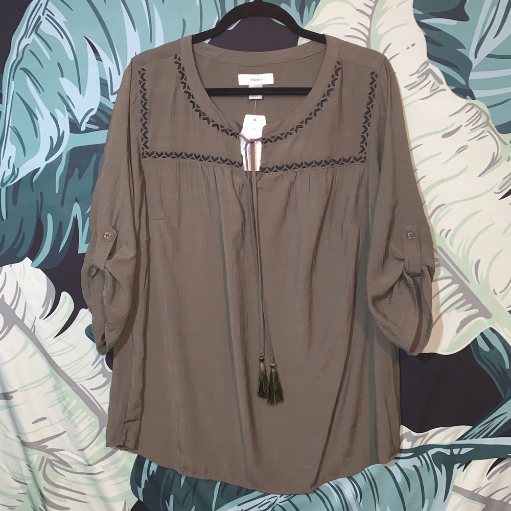Christopher & Banks CJ Banks Boho Bohemian Green Embroidered Blouse Top X 14W